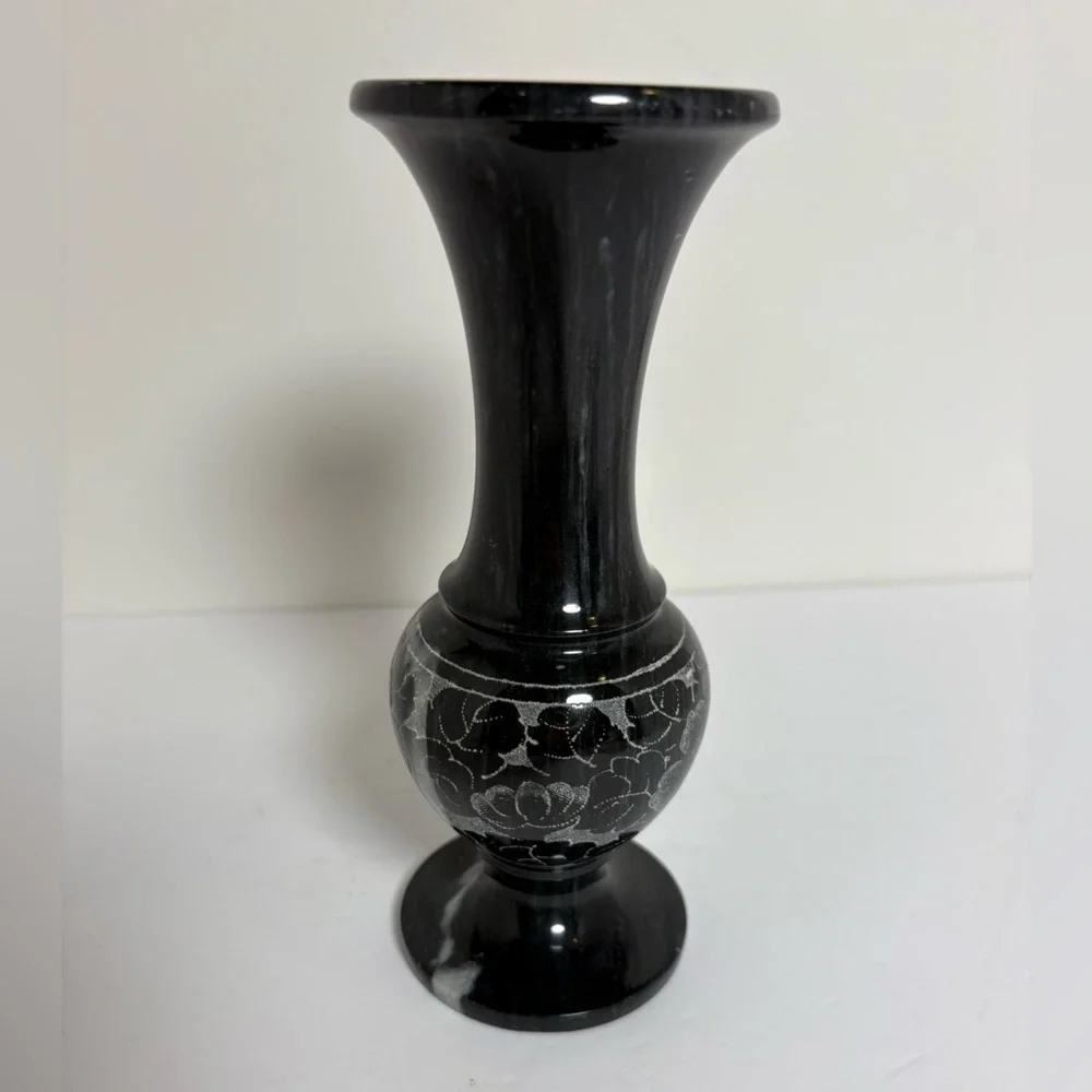 Vintage Marble Dark Gray Floral Etched Vase